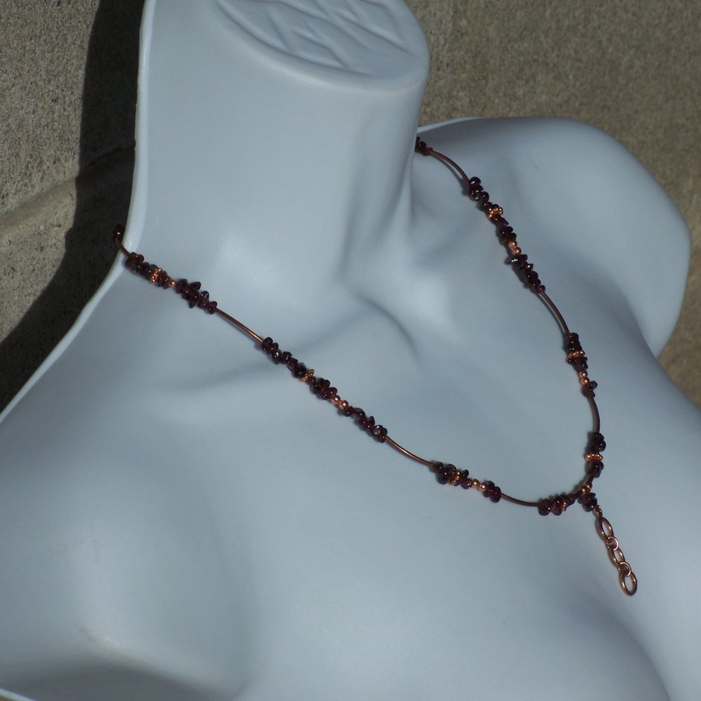 Handmade Necklace with Red Garnets and Bronze Coated Brass Tube Beads  21.5 IN - Picture 2 of 10